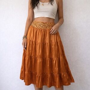 Apollo Copper Satin Sequin Crinkled Midi Skirt Large NWT Boho Festival Indie